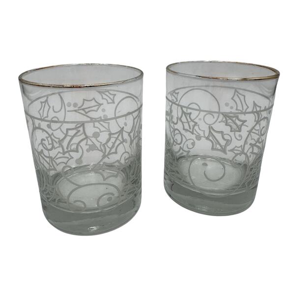 Vtg Libbey DOF Glasses Clear White Holly Gold Rim Rocks Double Old Fashoned S/2 - Picture 1 of 6